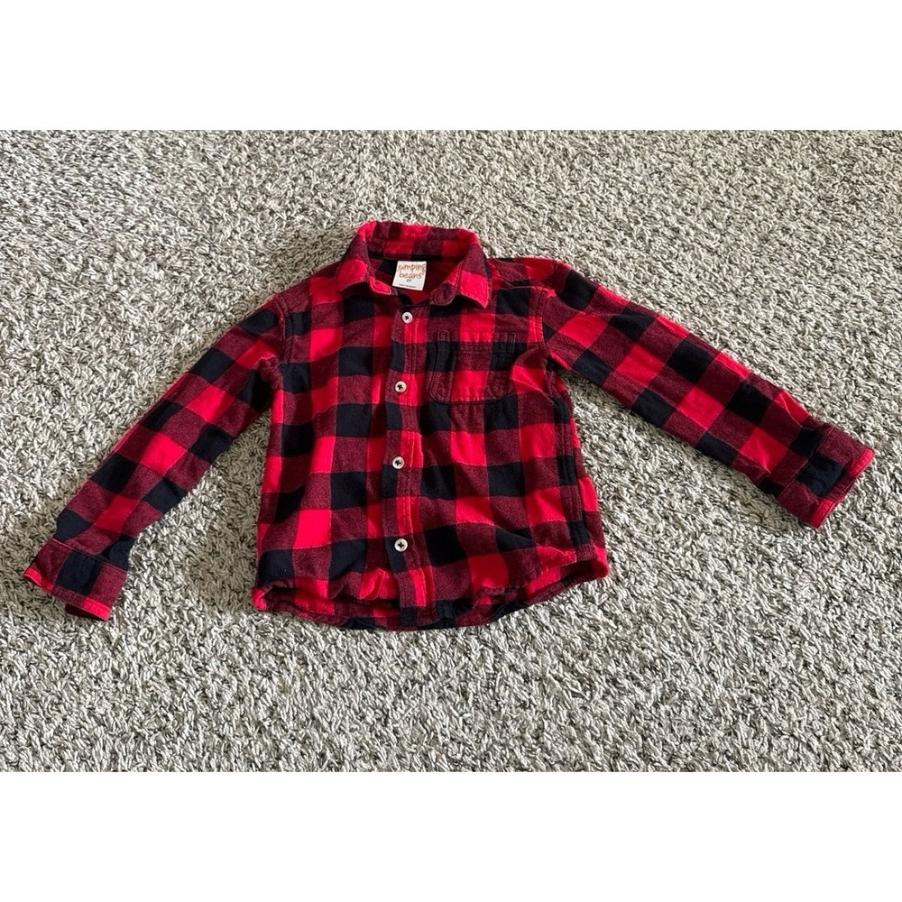 Jumping Beans Boys Red Black Plaid Button Down Size 5T